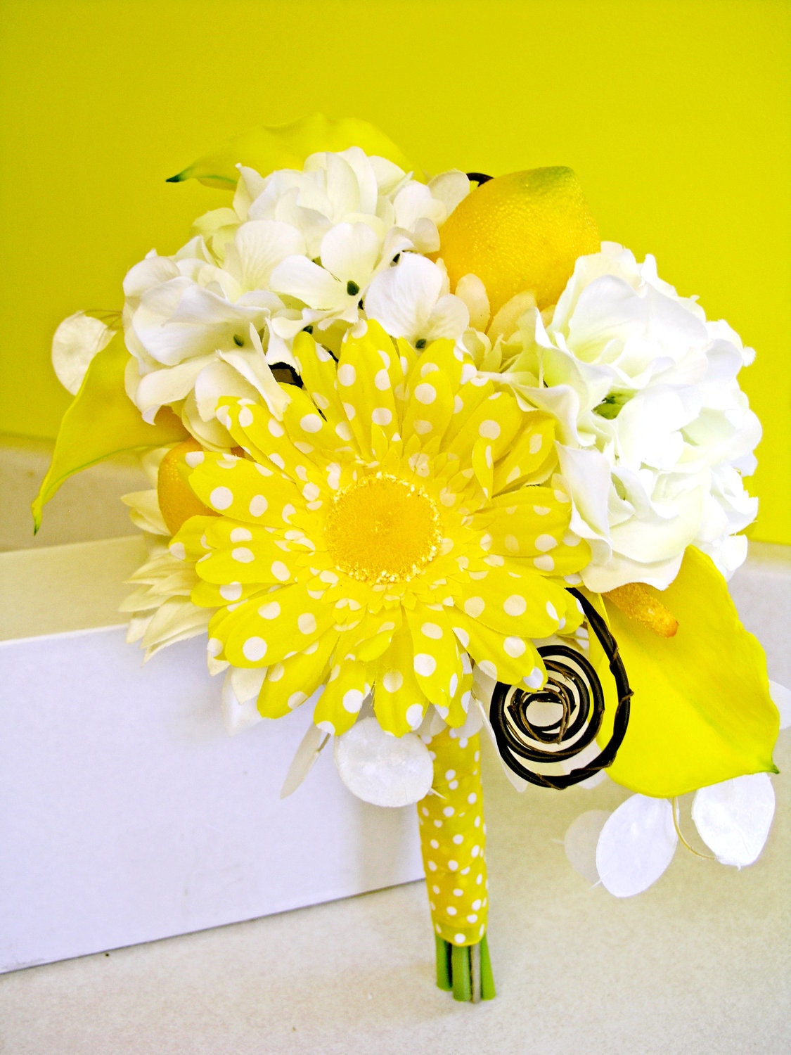 Lemon Yellow Bridal Bouquet, White Brown Wedding Flowers