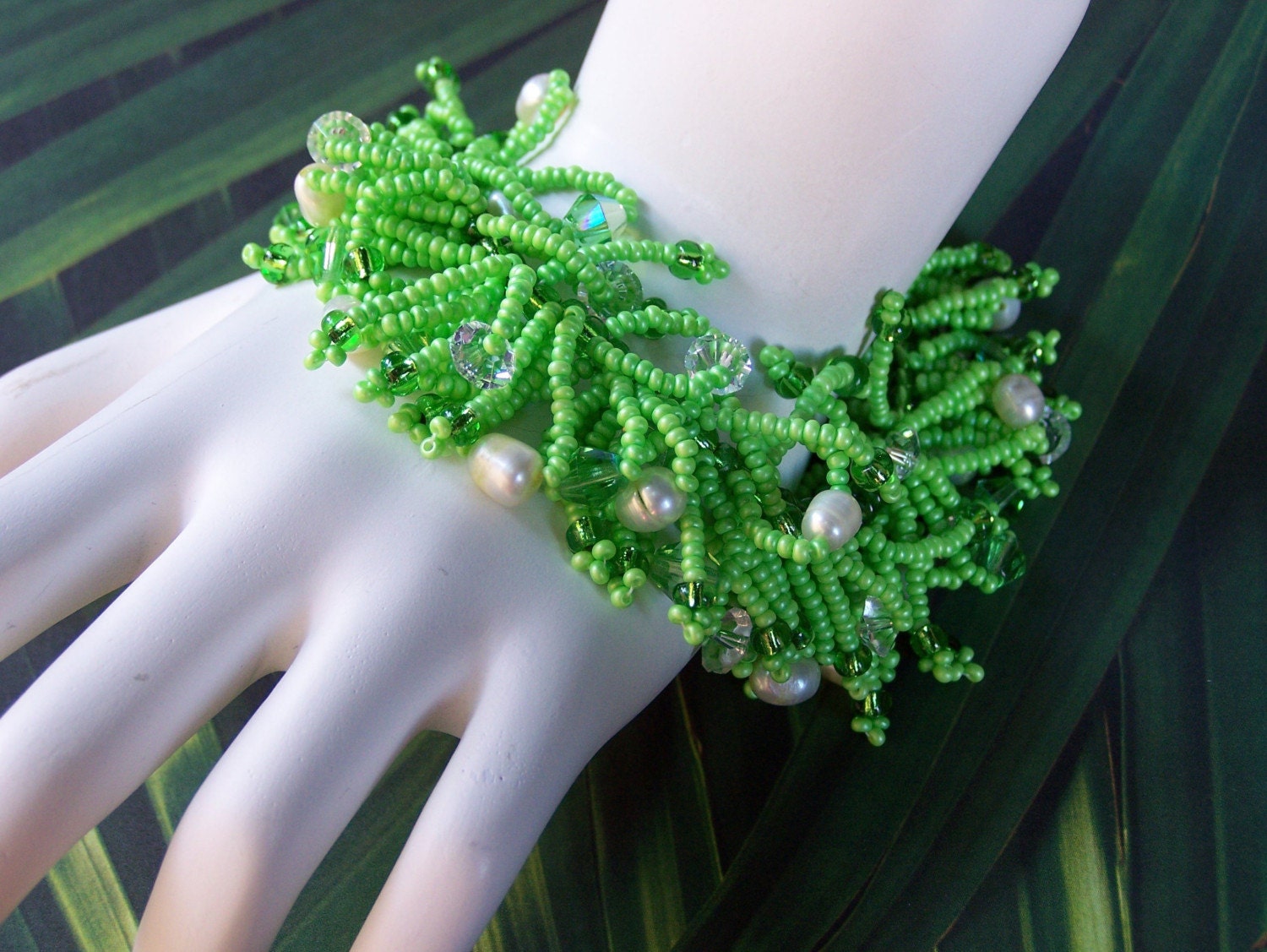 Handmade Jewelry Bracelet Beadwork Fringe Lime Green Cha Cha Crystal Pearl Seed Beads Silver ...Lime in the Coconut