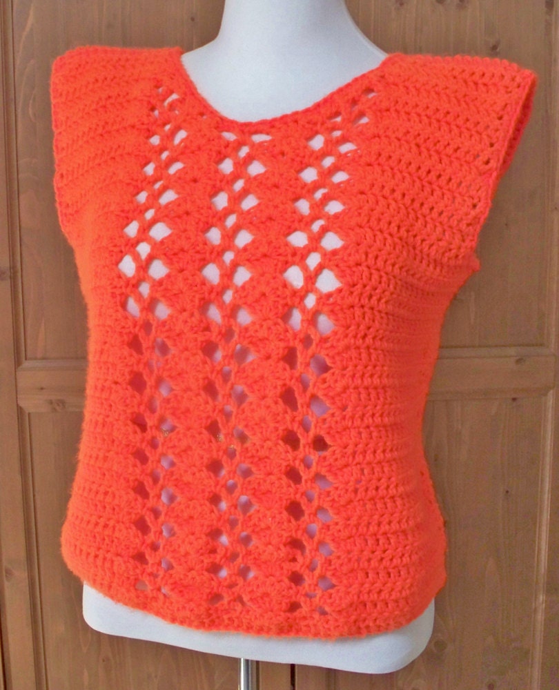 Women Orange Vest, Crochet Orange Top, Vest Size Medium