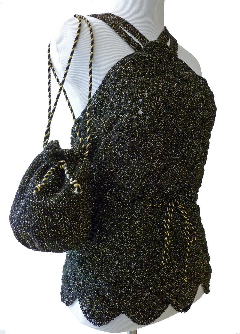 Elegant Black Halter Top, Womens Crochet Motif Halter, Size Small