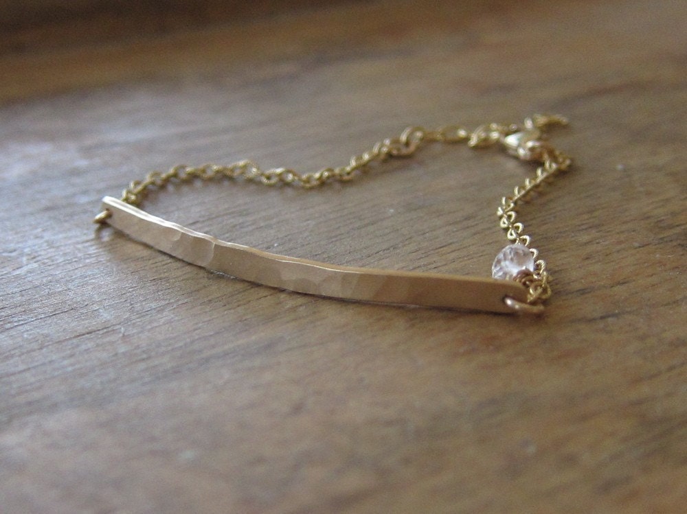 Gold Bar Bracelet Hammered with White Topaz
