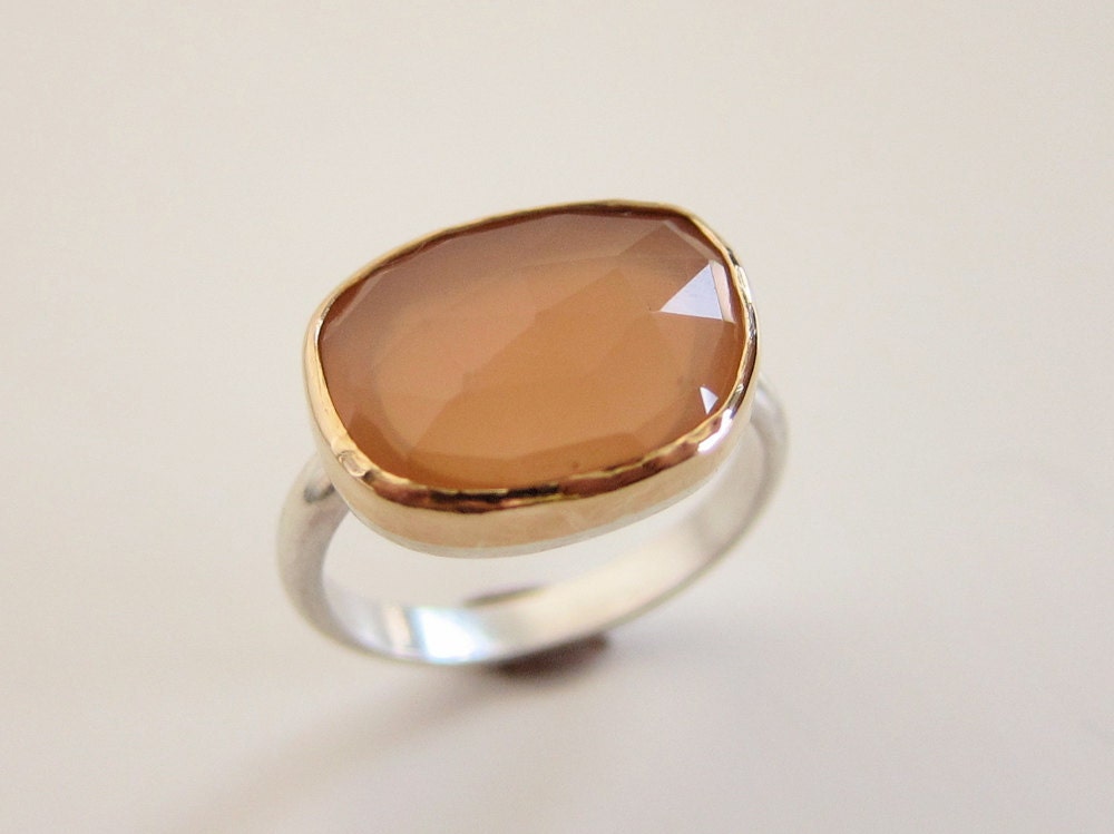 Peach Moonstone Ring in Recycled 14k Gold and Sterling - Rose Cut Free Form Stone
