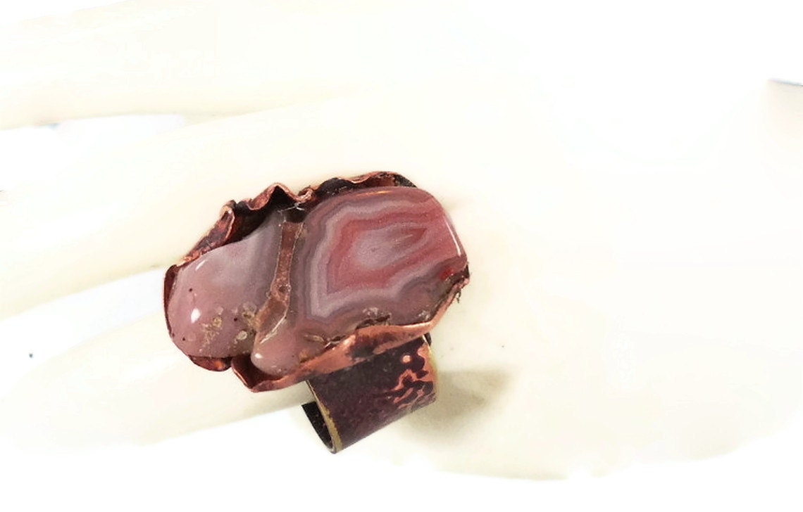 Pink Agate stone ring - BIG Forged brass & copper Freefrom - InVintageHeaven