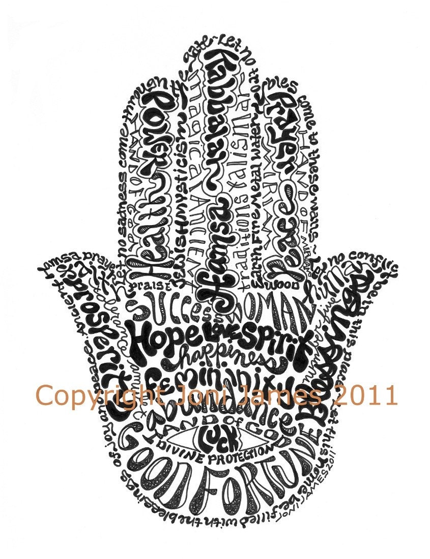 Hamsa Art Jewish Art Calligraphy Drawing, Hand Eye Hamsa Print Typography Illustration, Hamsa Calligram, Unique Art Print