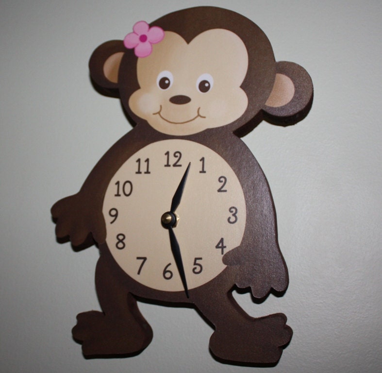 Girl Monkey Wooden WALL CLOCK for Girls Bedroom Baby Nursery