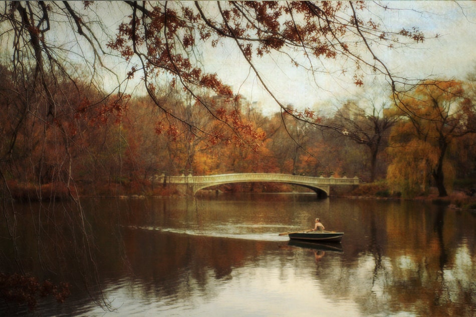 Nature Photography Central Park Row boat on Lake NYC Art Landscape Photography Orange Rust 12x18 Print - Autumn's Wonder