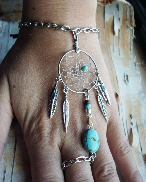 Bohemian Dreamcatcher Slave Bracelet Boho Hippie Stone Tribal Gypsy Silver Turquoise Twilight Dream Catcher Native American Inspired