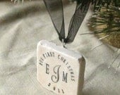 Holiday Ornament, Our First Christmas Ornament, Monogram in Black, including Gift Box