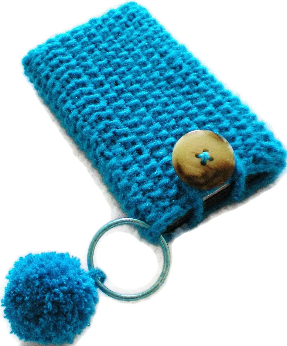 Shimmering Turquoise Hand Knit iPhone Droid iPod Touch Android Smartphone Cozy, Case Holder Blue Green Aqua Teal Azure Sleeve Handmade Gift