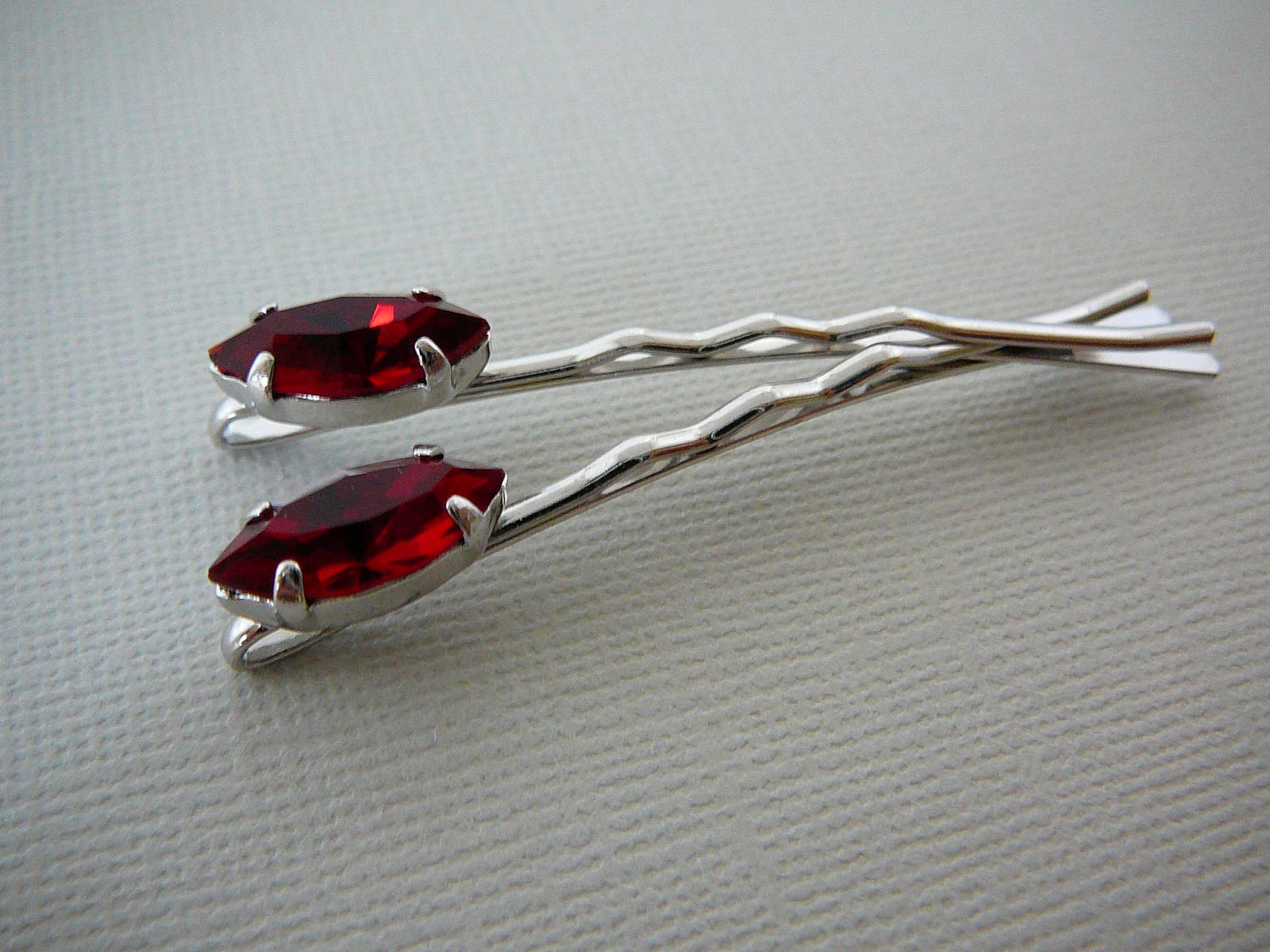 Bobby Pins, Vintage Ruby Red Rhinestone Hair Embellishment, Marquis Shape