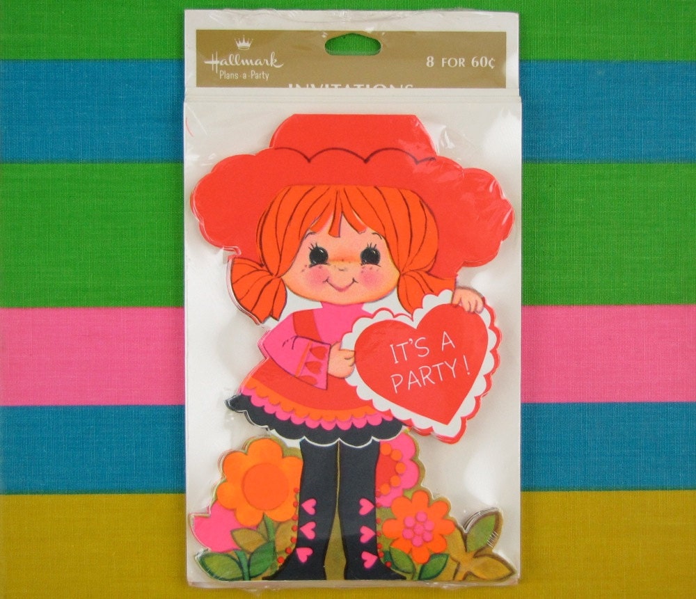 Party Girl - Vintage 'It's A Party' Diecut Invitations by Hallmark, 70s Girl with Heart Boots, Sealed Package of 8 Cards & Envelopes