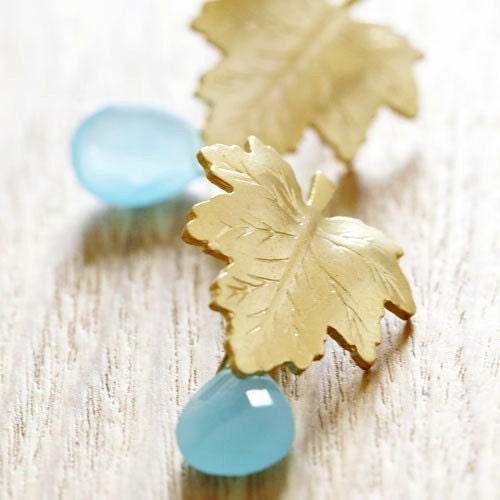 maple dewdrops earrings. matt gold maple leaves and aqua flat glass briolettes