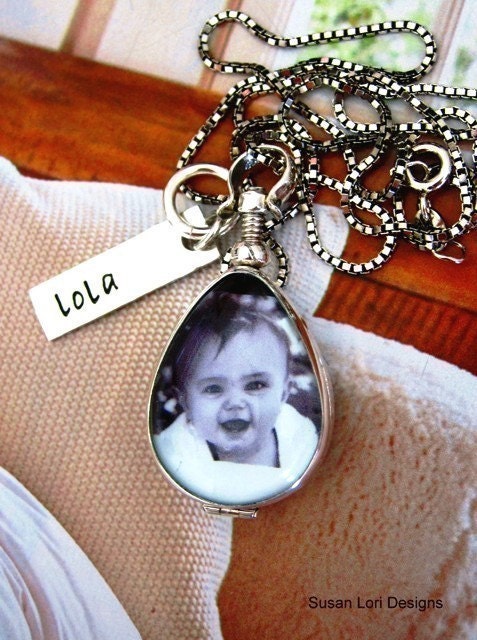 Teardrop Photo Locket Personalized Mothers Tag Antiqued Glass Sterling Perfect Gift New Moms or Mothers