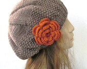 Hand Knit Hat - Womens hat- beret in Taupe with pumpkin  flower- womens Slouch Beanie    Fall Autumn Winter Accessories hat fashion tam