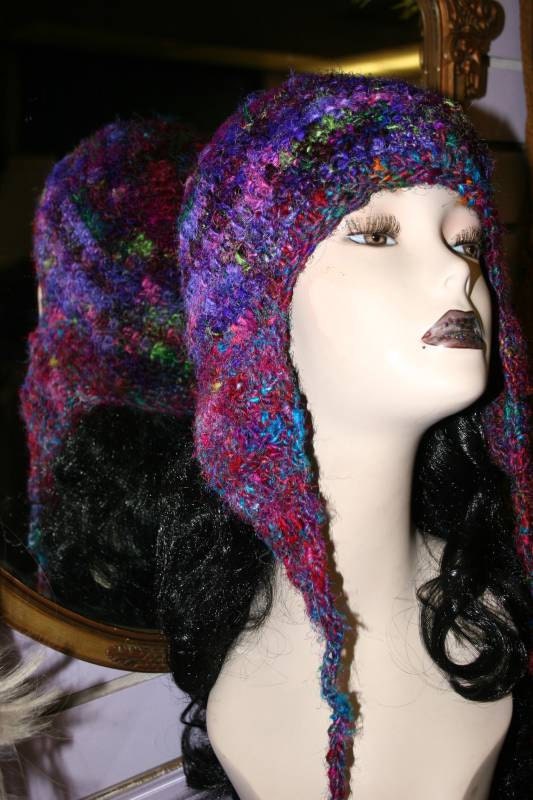 Recycled Sari Silk Earflap Hat - Brilliant Jewel Tones - Stunning - Pixie Gnome Hippie Gypsy Fairy Festival Artistic