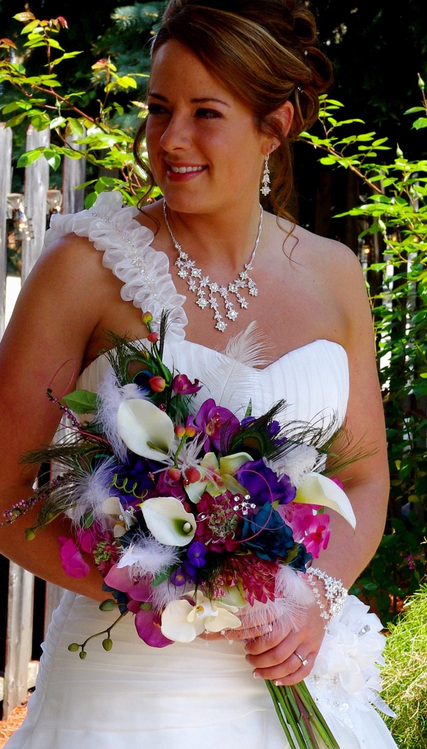 Peacock Wedding Flowers Couture Designed Bridal Bouquet Fuschia Teal Purple silk Orchids Callas wedding accessories