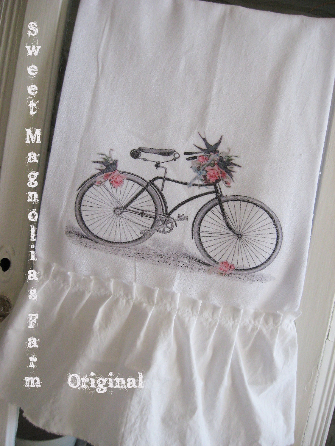 Flour Sack Kitchen Towel - Shabby Chic Cottage Style Garden Bicycle - Flower Basket - Ruffle - Roses - Farmhouse - French Country
