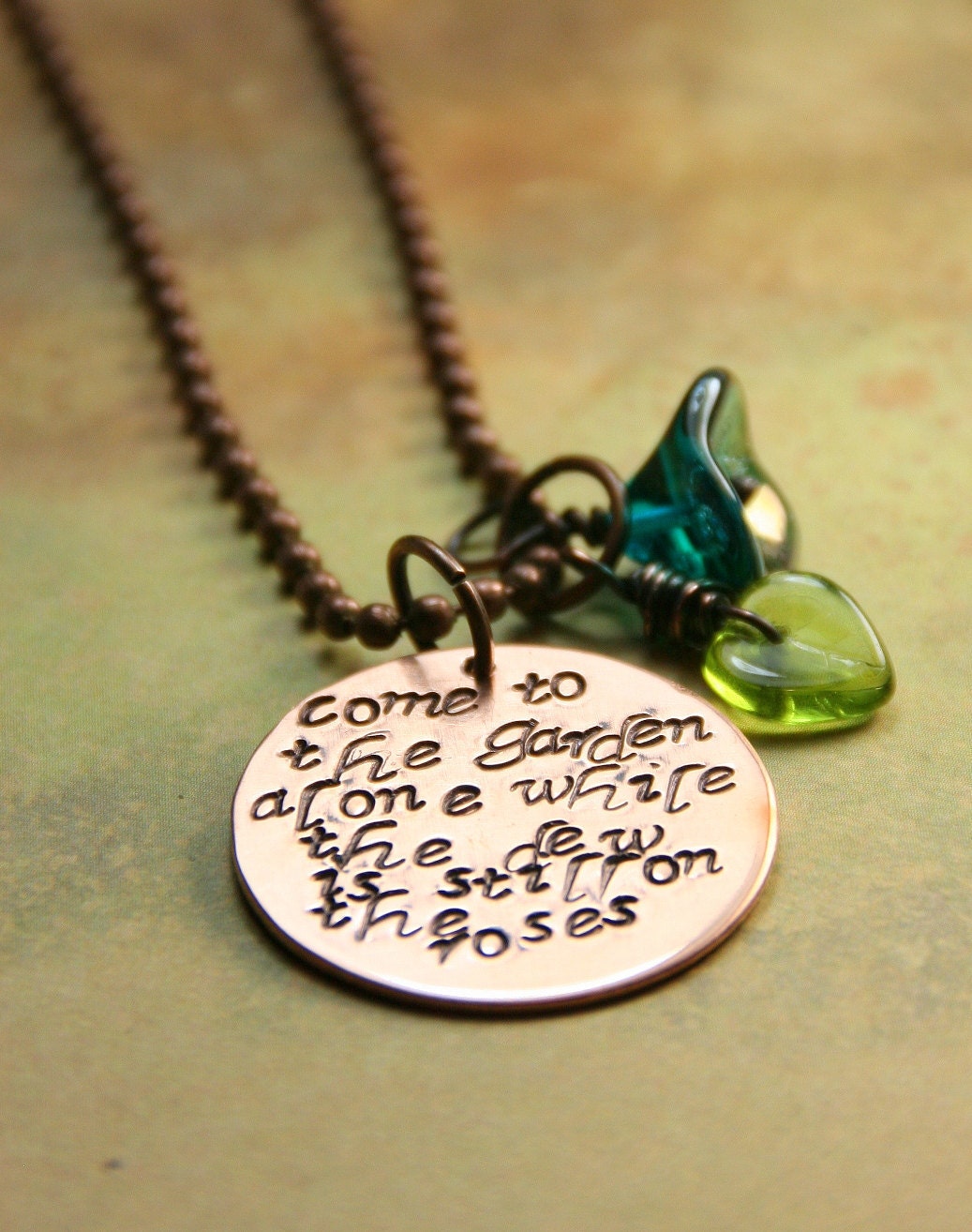 Hand Stamped Copper Pendant with Wire Wrapped Glass Flower and Leaf
