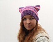 Knitted Kitty Cat Hat - Stripes - teen adult