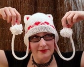 Love Cats - XL Knitted Kitty Cat Hat - White with Red Hearts