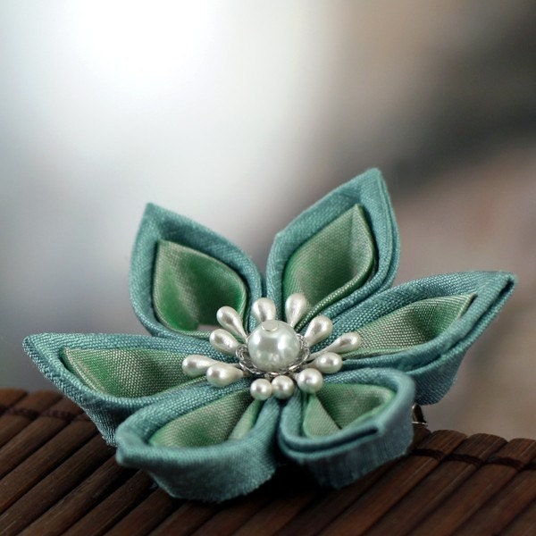 Hair Clip: Kanzashi Green and Blue, Silk - Mermaid Blossom