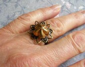 Star Flower Vintage Style Filigree Adjustable Antique Bronze Ring with Vintage Button Center