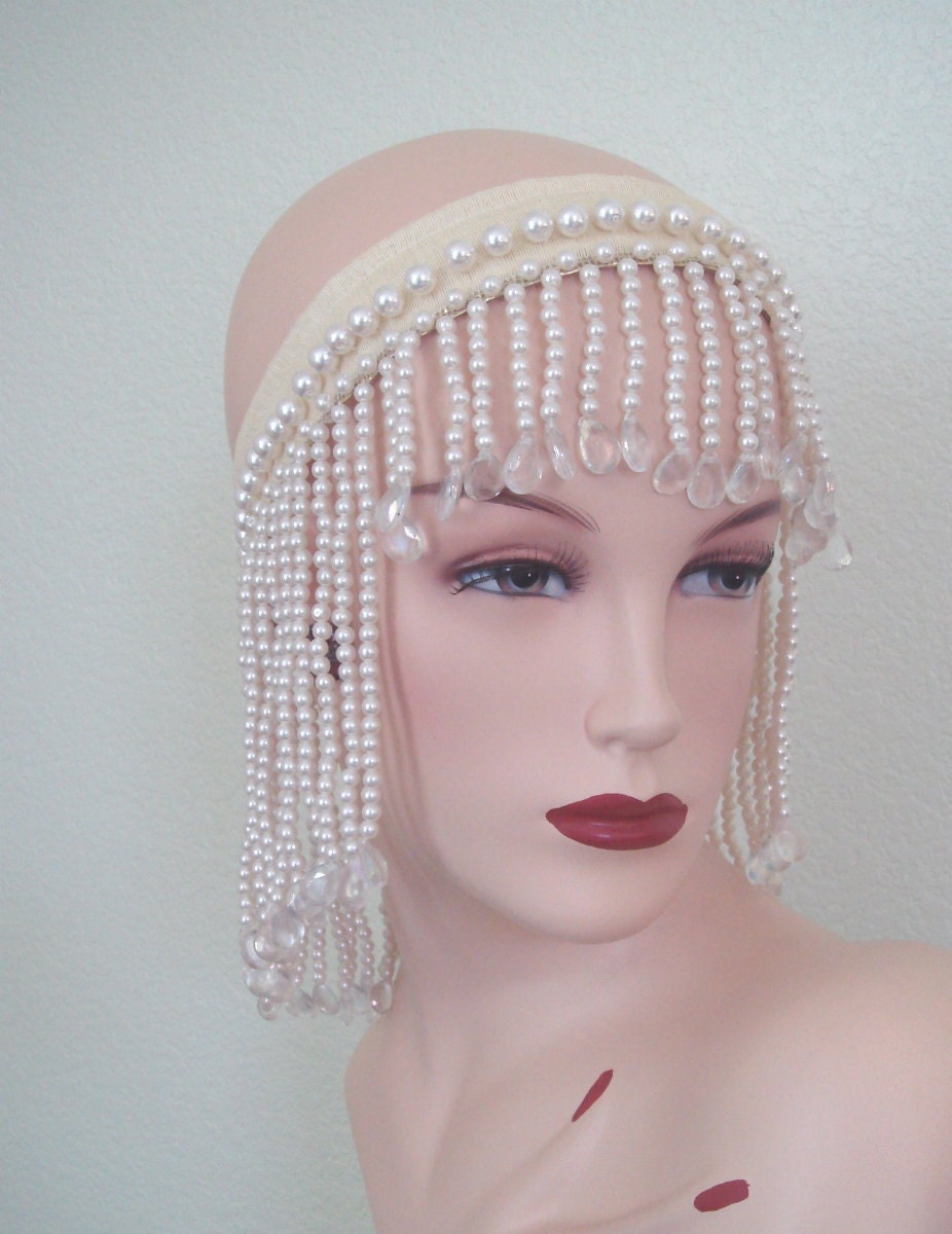 OOAK 20s Inspired Flapper Girl Vintage Pearls Lucite Teardrops Fringed Head Piece