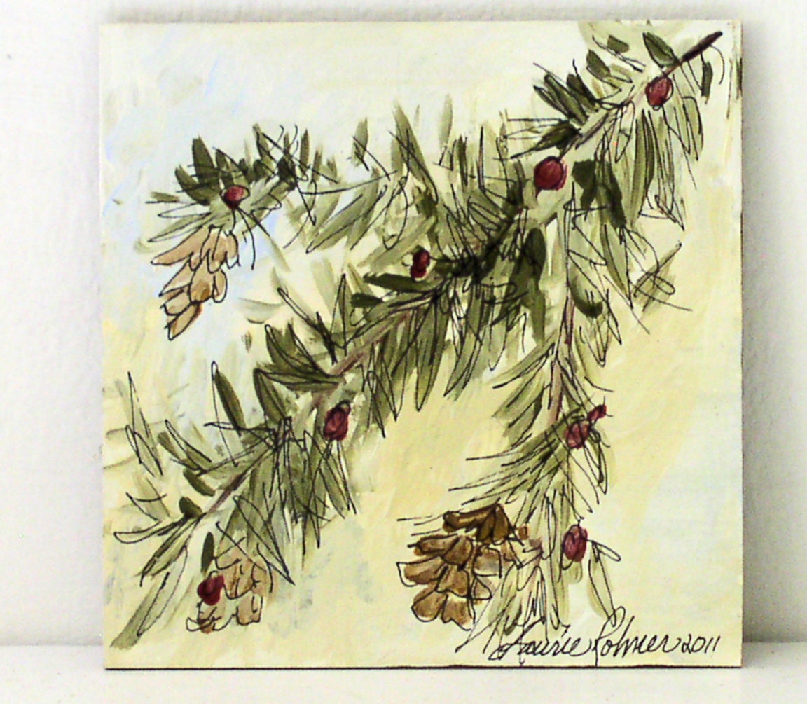 Acrylic Painting Original Artwork Woodland Pine Tree and Cones Tamarack by Laurie Rohner