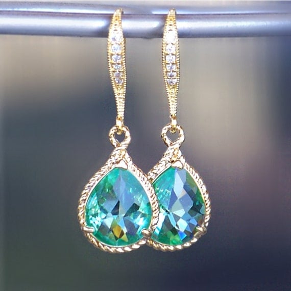 New Color/ Sea Glass Crystal Teardrops Framed in Gold, Hanging From French Jeweled Earrings