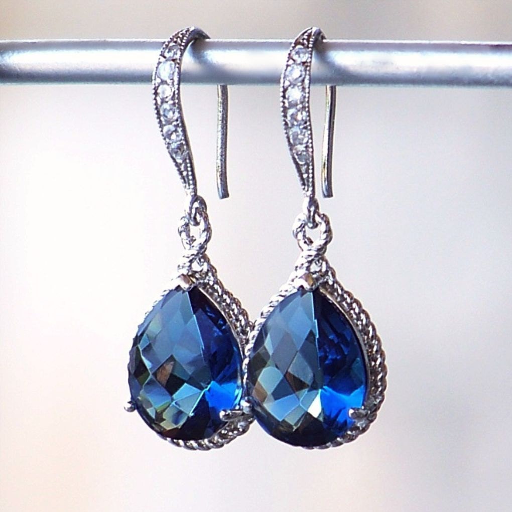 Sapphire Blue Jeweled Teardrop Earrings in Silver