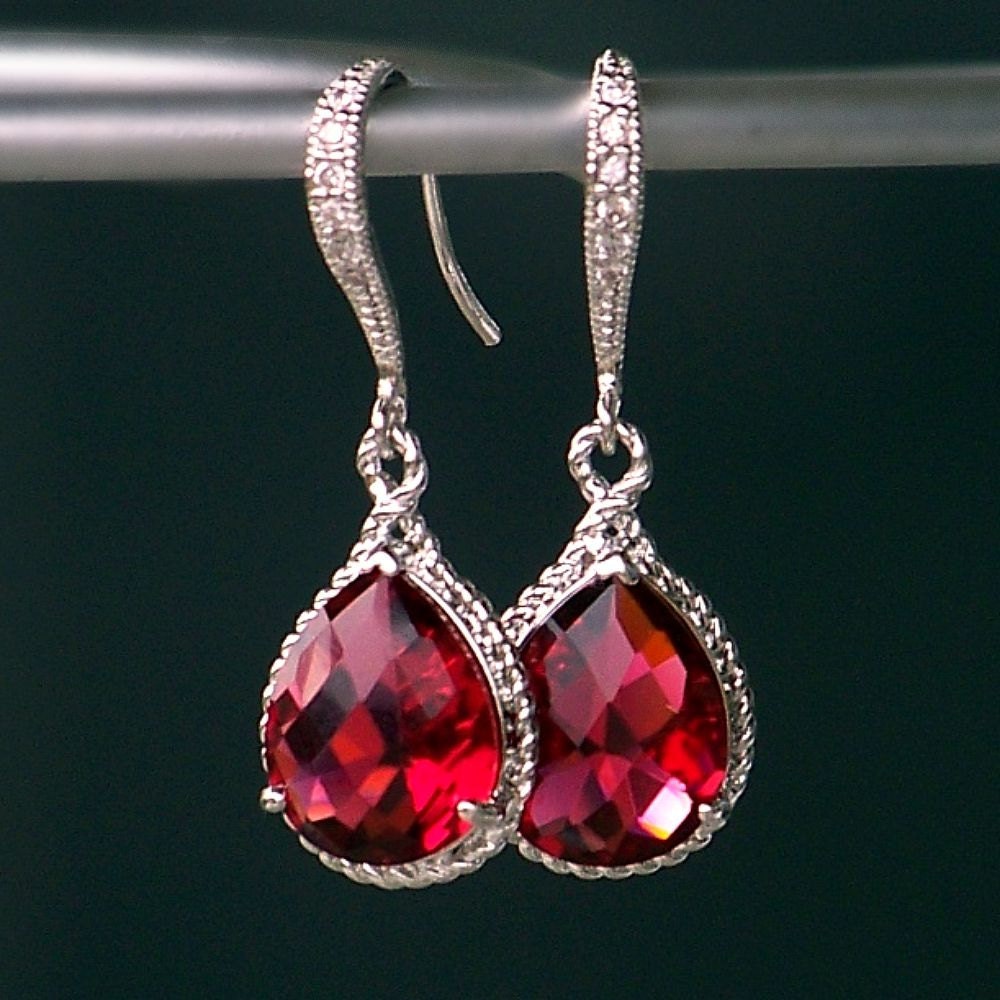 Ruby Red Teardrop Crystals Set in Gold with Crystal Detailed French Earrings