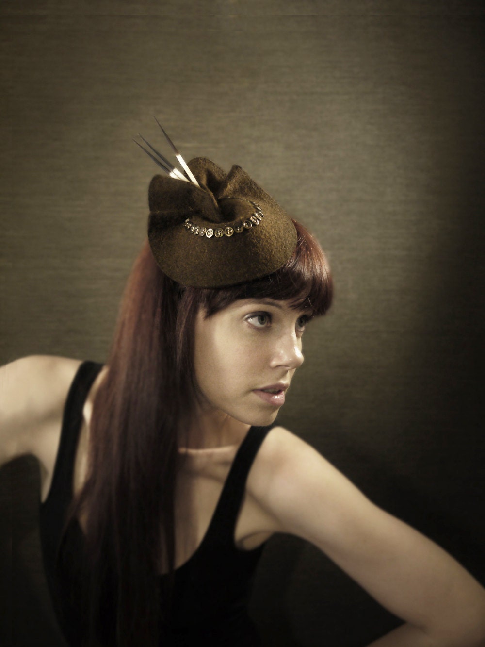 Warm Grey Felt Cocktail Hat with Mother of Pearl Buttons and Porcupine Quill Accents - Made to Order