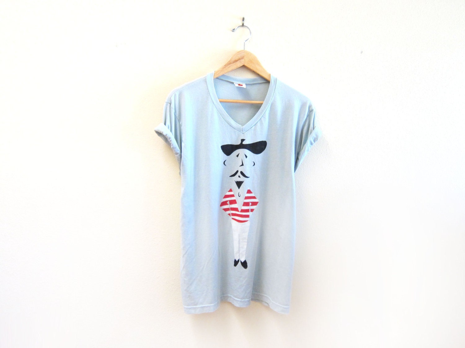 Pierre Le Frenchman - Mustache and Beret HAND STENCILED Striped Shirt Rolled Cuffs V Neck Tee in Mint - S M L XL 2XL 3xl