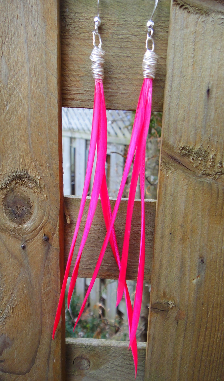 Neon Pink Feather Earrings, Silver Wire Wrapped, Silver, Handmade Feather Earrings, Burlesque,