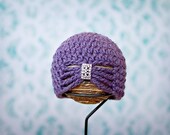 Flapper Hat Newborn Size in Purple with a rhinestone button