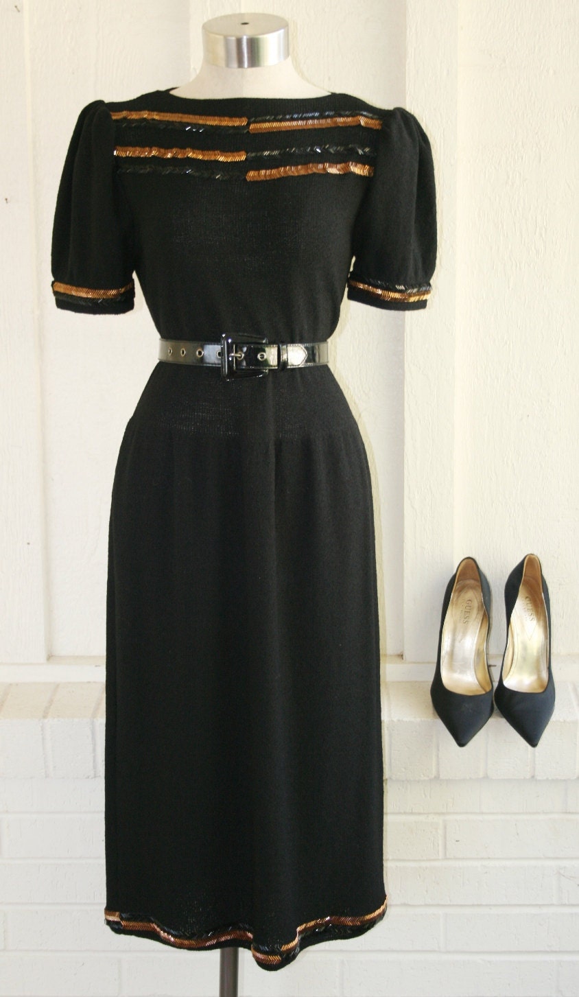 So Refined - Adolfo - for Neiman Marcus - Black Knit Dress - Trimmed in Copper and Black Beading