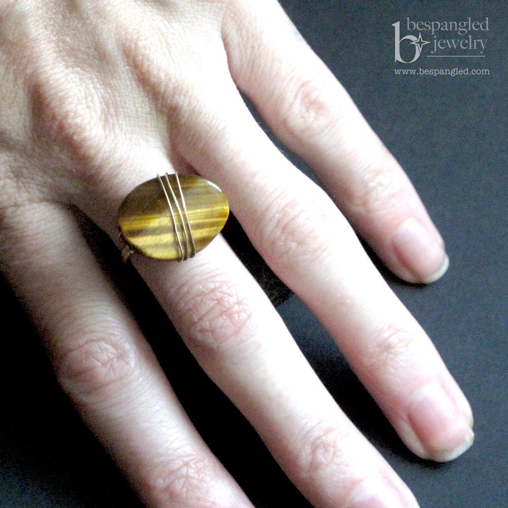 Golden Tiger Eye Wirewrapped Adjustable Size Cocktail Ring, Handforged Brass Warm Honey Brown Tones
