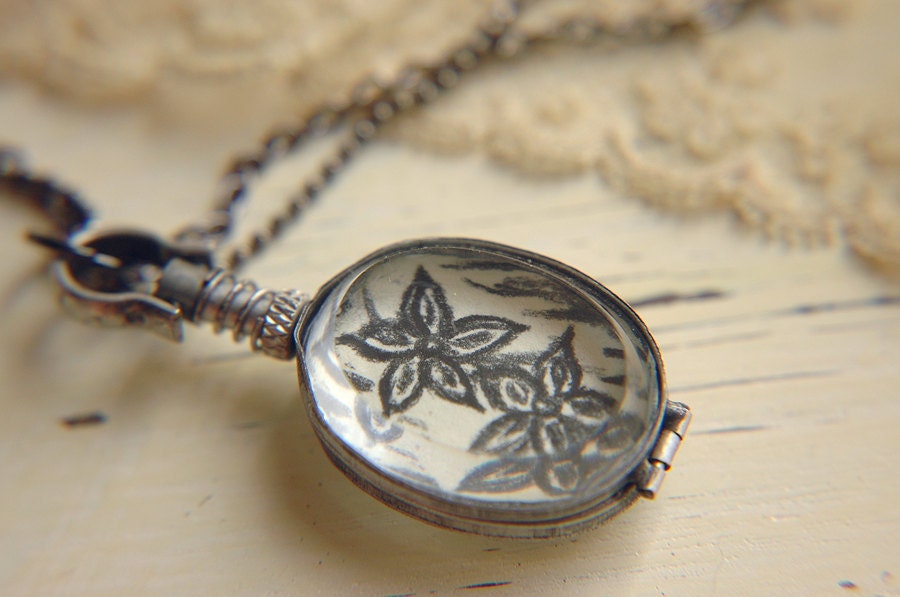 Double Sided Locket with Original Art - Ivory Blossoms.