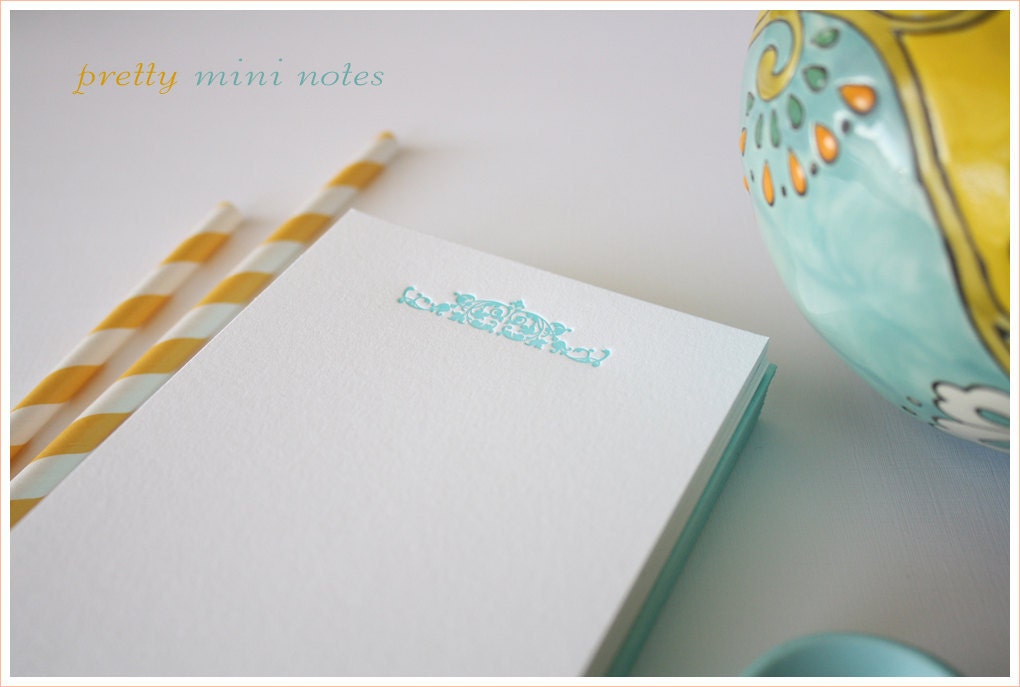 Mini Letterpress Notecards : Blue Motif - Set of 24