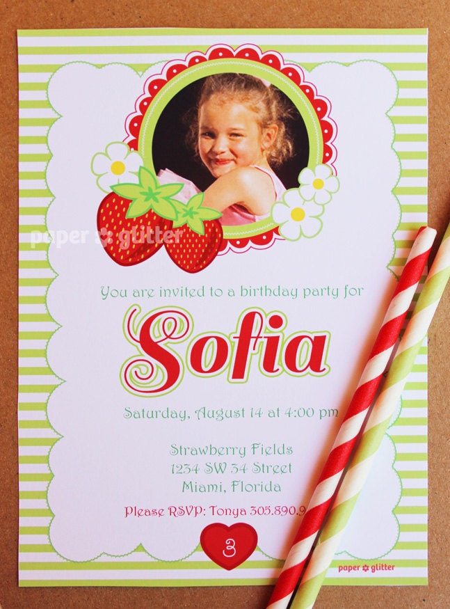 Strawberry Party Invitation for birthday or baby shower not strawberry shortcake Invite or Thank You Card with PHOTO Printable PDF or JPG