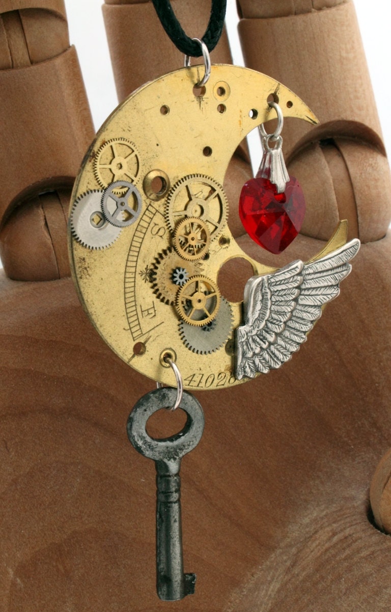 Steampunk Crescent Moon pendant with watch parts, red Swarovski crystal heart and vintage key- Key To Your Heart