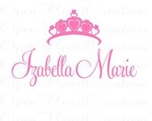 Princess Name Wall Decal - Personalized with Heart Tiara 22h x 36w FN0233
