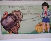 Little Boy with Turkey and Pumpkin - Vintage Whitney Made Thanksgiving Postcard - early 1900's