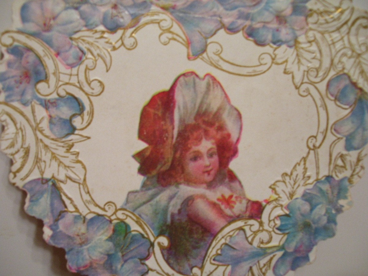 SALE....Die Cut Valentine - Heart Shaped Flowers surrounding Victorian Girl - 1910