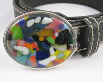 Garden Party belt, colorful handmade art glass belt buckle with black leather belt