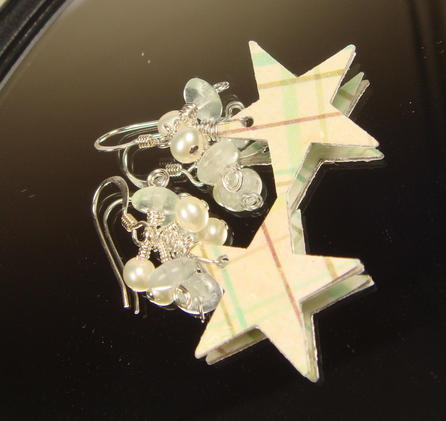 divine. plaid star w hanging cluster. paper and sterling silver earrings