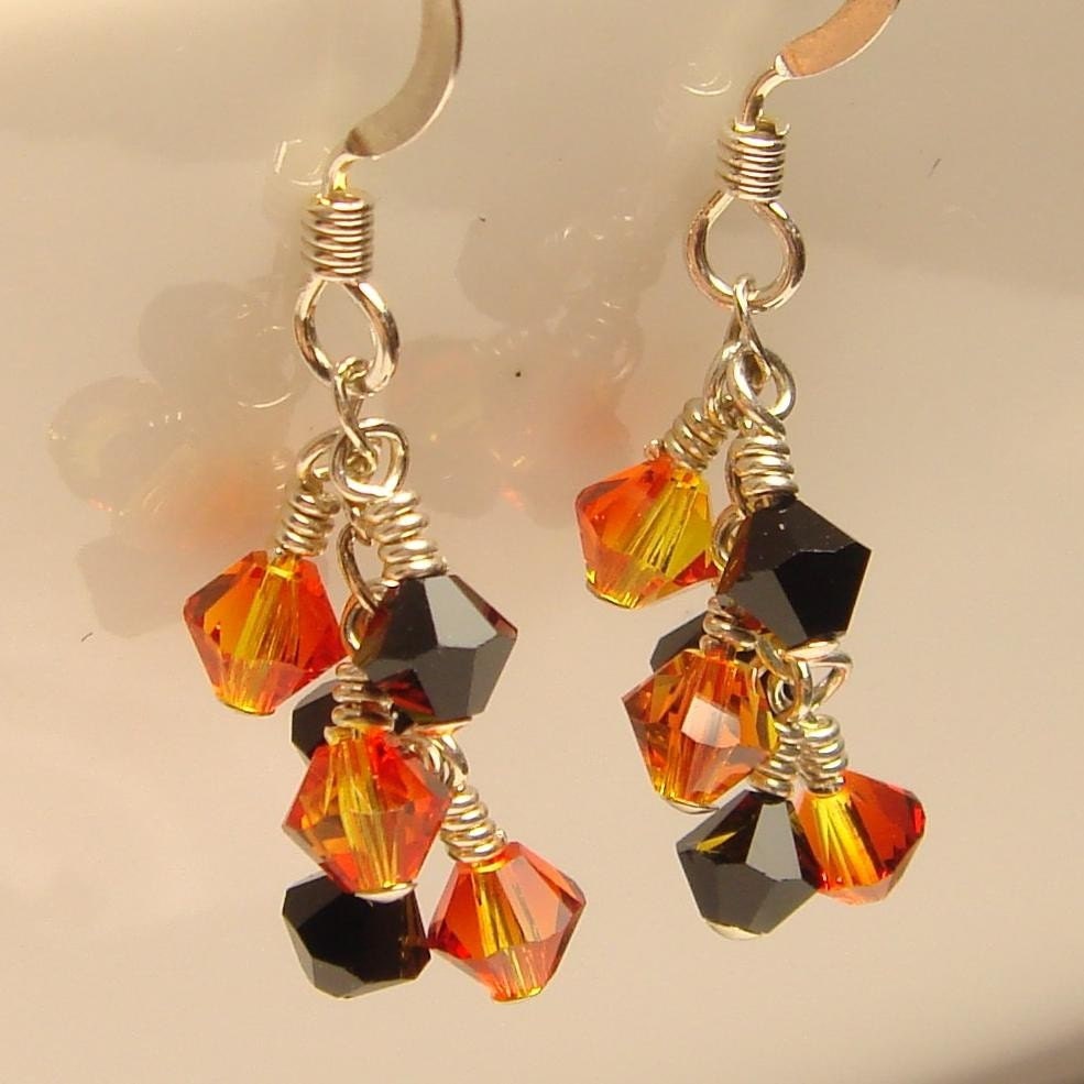 mini clusters swarovski earrings / burning desire / fire opal and black crystal
