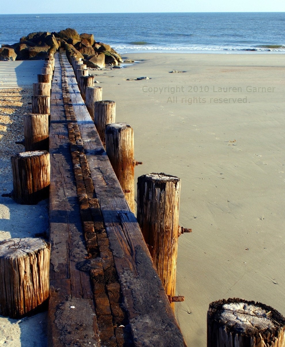 Into the Ocean - Folly Beach South Carolina Photography SC Charleston Blue Brown Rust Red Wood Fine Art Metallic Print - 8x10 Photograph