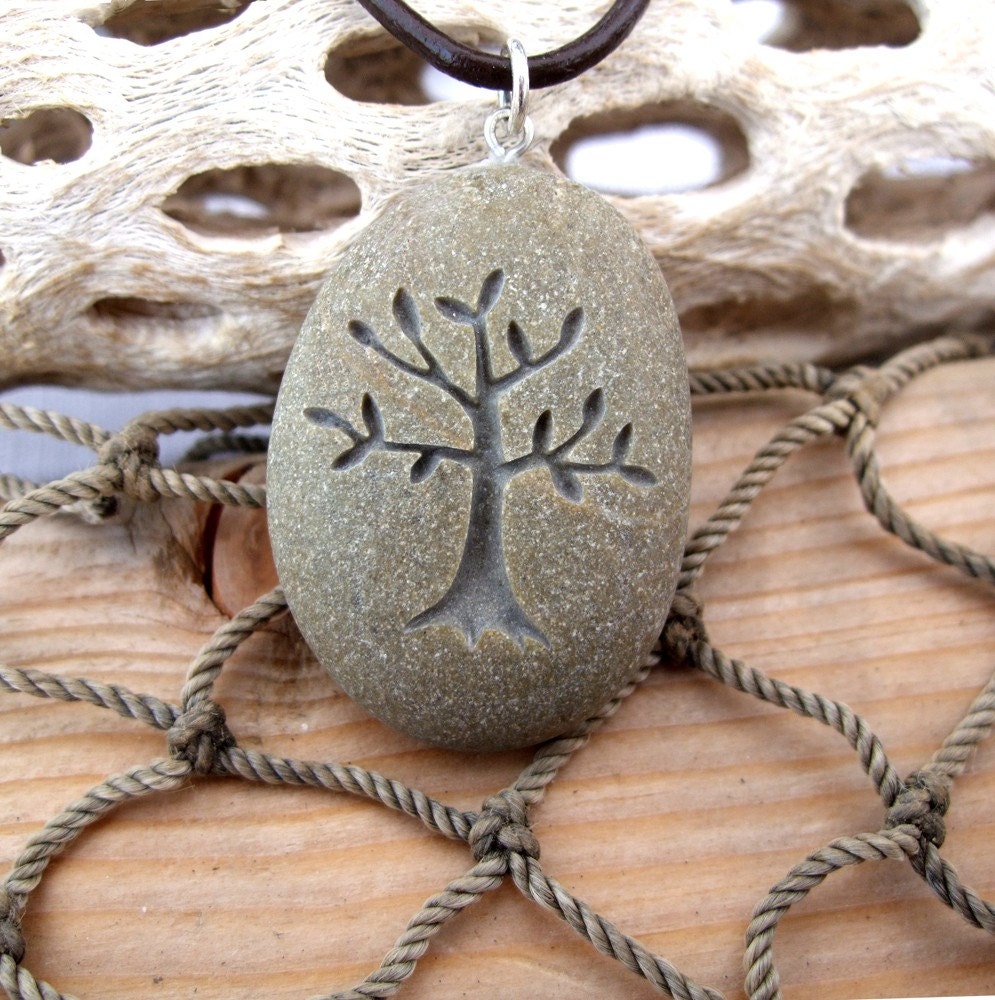 Tree of Life - Natures Mother - Martha's Vineyard Beach Stone Pendant with top drilled Bail