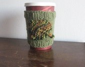 Sage Green Knit Coffee Cup Cozy with Cherry Leaf Mason Jar Travel Mug Knit Coffee Sleeve Green Knit Cup Cozy